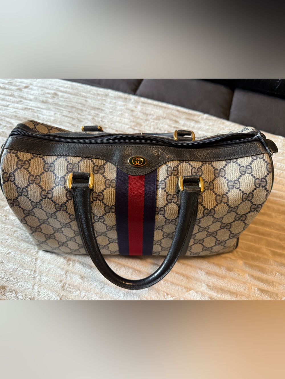 Gucci GG Supreme Canvas Top-Handle Bag with Red & Blue Stripe